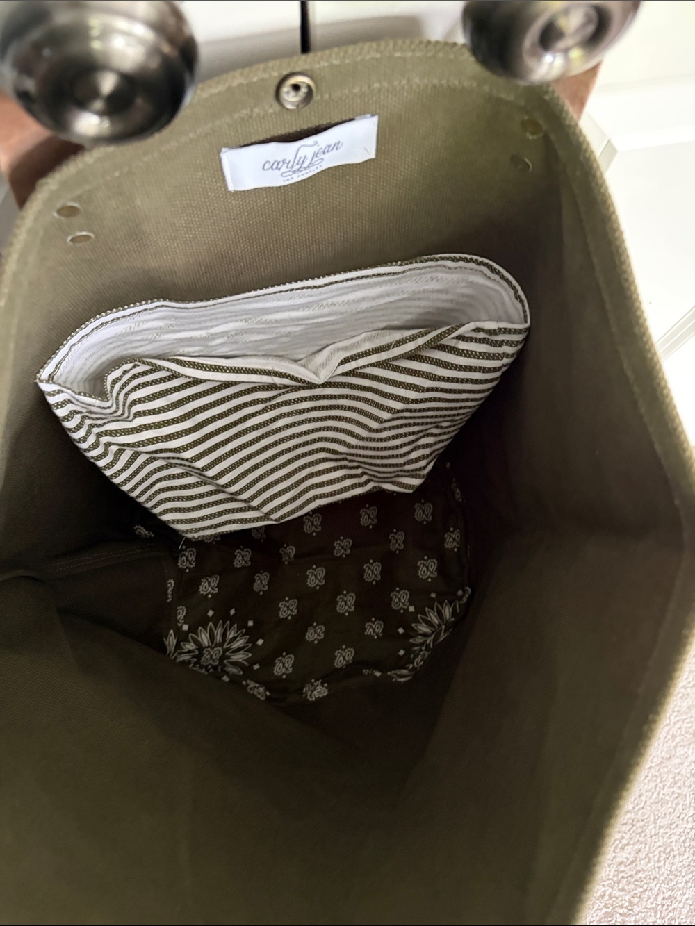 Carly Jean Los Angeles Olive Canvas Tote with Brown Leather Handles - Picture 5 of 7